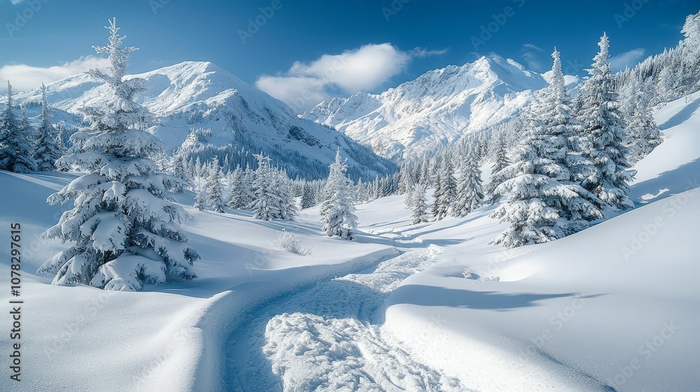 Obraz premium A serene winter landscape featuring snow-covered mountains, frosty trees, and a winding path through a pristine snowfield under a clear blue sky.
