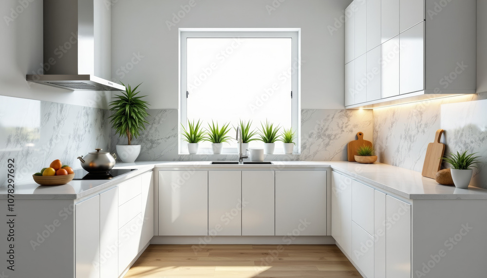 Modern White Kitchen with Marble Backsplash Modern White Kitchen with Marble Backsplash
