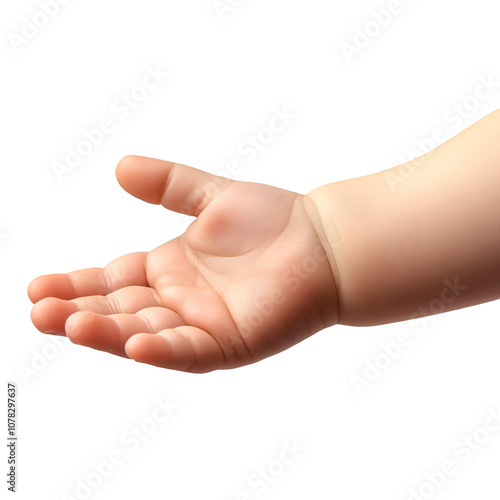 Adorable baby hand in side view with open palm and soft skin detail, Cutout, Isolated on White Background