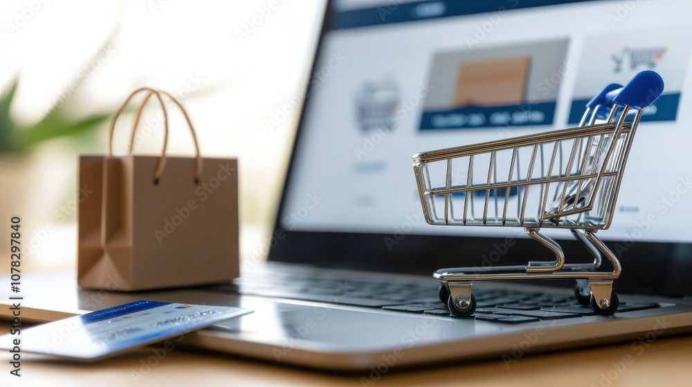 Laptop screen showing an e-commerce site checkout page, with a credit card and phone nearby, capturing online shopping convenience Laptop screen showing an e-commerce site checkout page, with a credit card and phone nearby, capturing online shopping convenience