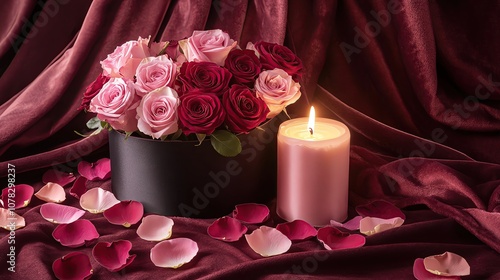 pink and red roses in a luury gift box Elegant roses with candle on velvet fabric. photo