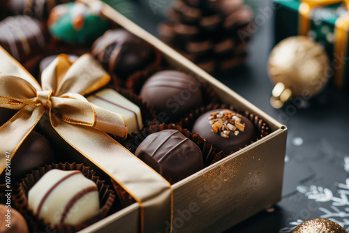 National Chocolate Candy Day. An exquisite assortment of luxury chocolates in a golden gift box adorned with a golden bow, placed in a festive setting with holiday decorations, perfect for gifting.
