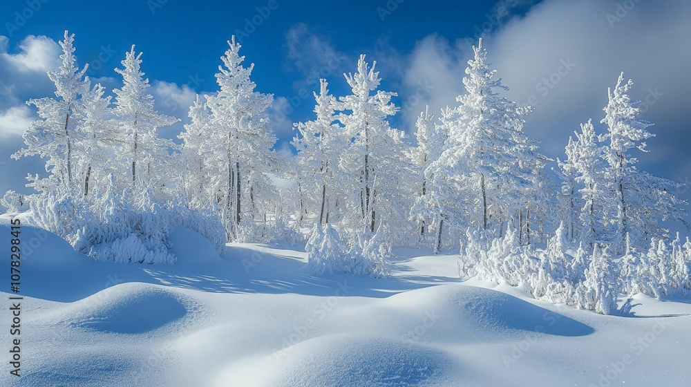 A serene winter landscape featuring snow-covered trees under a bright blue sky and fluffy clouds. A serene winter landscape featuring snow-covered trees under a bright blue sky and fluffy clouds.