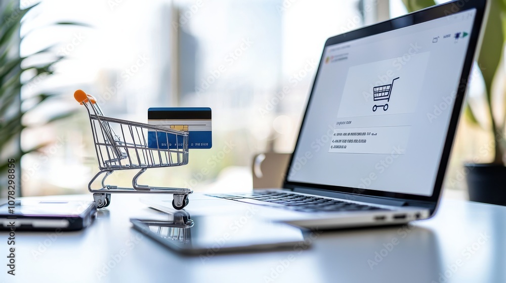 Laptop screen showing an e-commerce site checkout page, with a credit card and phone nearby, capturing online shopping convenience Laptop screen showing an e-commerce site checkout page, with a credit card and phone nearby, capturing online shopping convenience