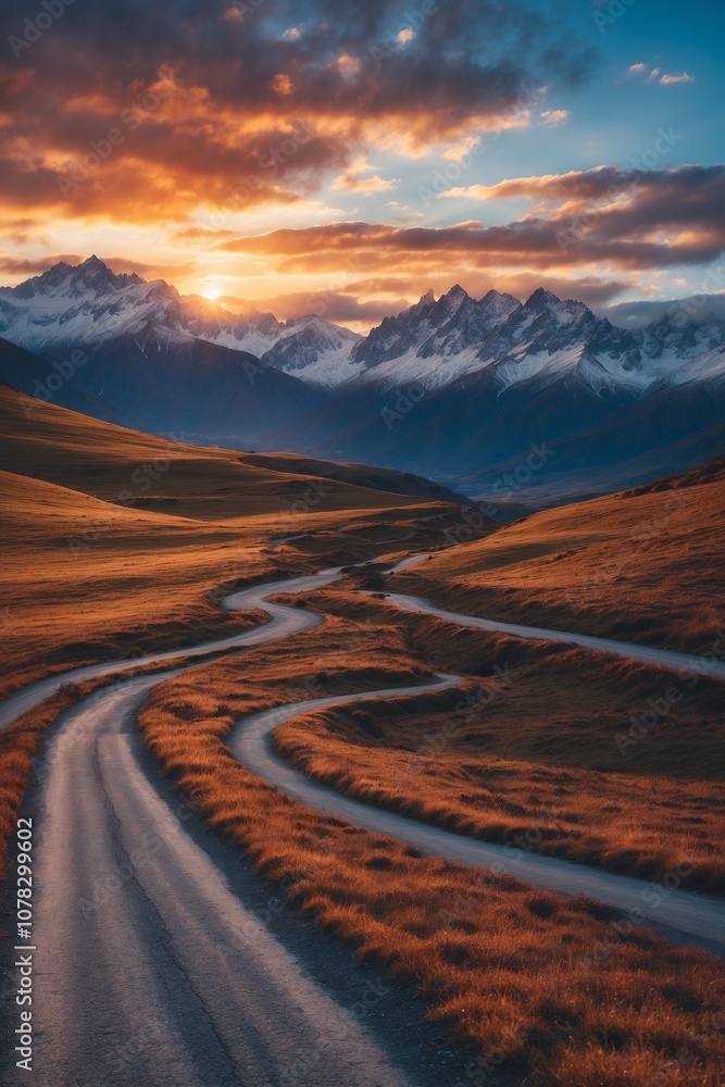 Naklejka premium Winding Mountain Road in Misty Morning Light with Dramatic Scenery