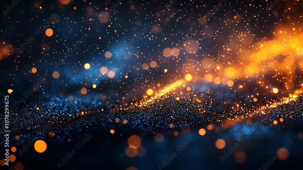Fototapeta premium Blue background with golden bokeh lights and glitters, Abstract background bokeh blur
