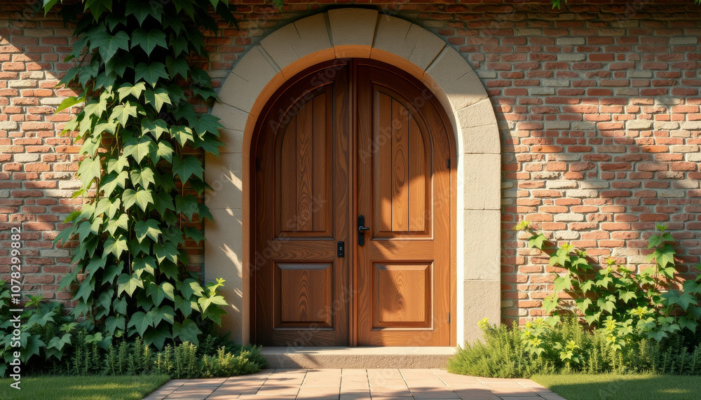 Fototapeta premium Elegant Wooden Archway Doorway with Brick Wall and Lush Vines