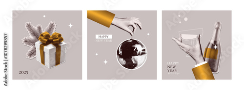 Halftone 2025 New Year retro square covers set. Retro Collage with hand, champagne, mirror ball, gift box. Vintage vector design.