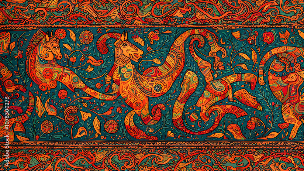 A Pithora art-inspired horse motif, adorned with bright, colorful patterns, symbolic shapes, and decorative elements reflecting the celebration of harvest A Pithora art-inspired horse motif, adorned with bright, colorful patterns, symbolic shapes, and decorative elements reflecting the celebration of harvest
