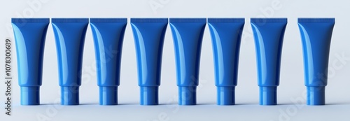 Transparent background with blue cosmetic tubes arranged in a row