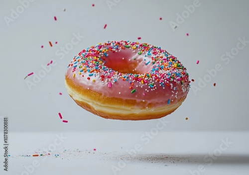 A delicious pink frosted donut topped with sprinkles on a transparent background photo