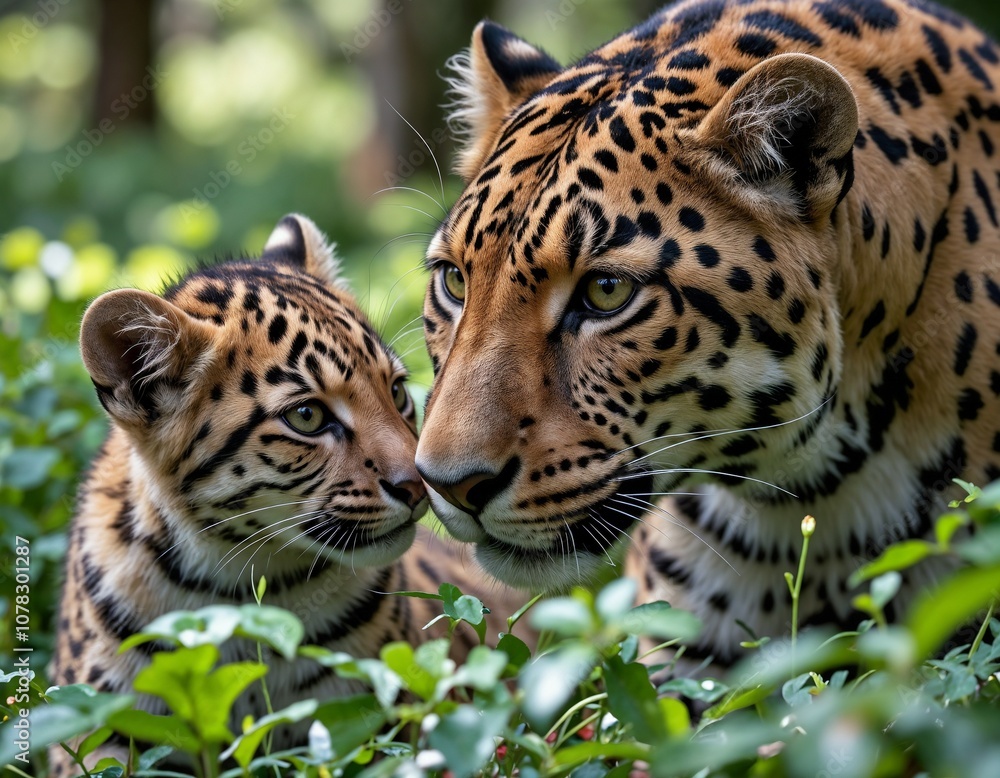 Jaguar mother and her cub sharing a tender moment in a lush green jungle Jaguar mother and her cub sharing a tender moment in a lush green jungle