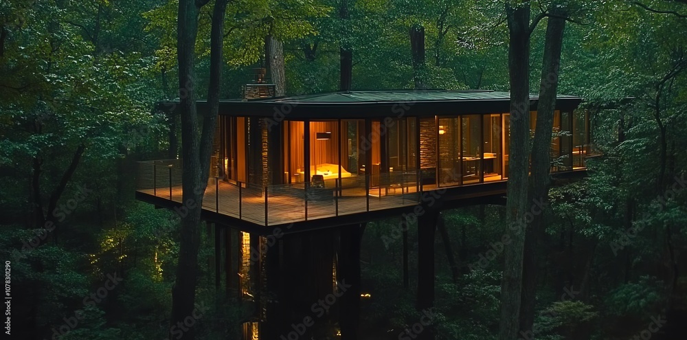 Obraz premium Modern treehouse with large windows and wooden deck overlooking forest.