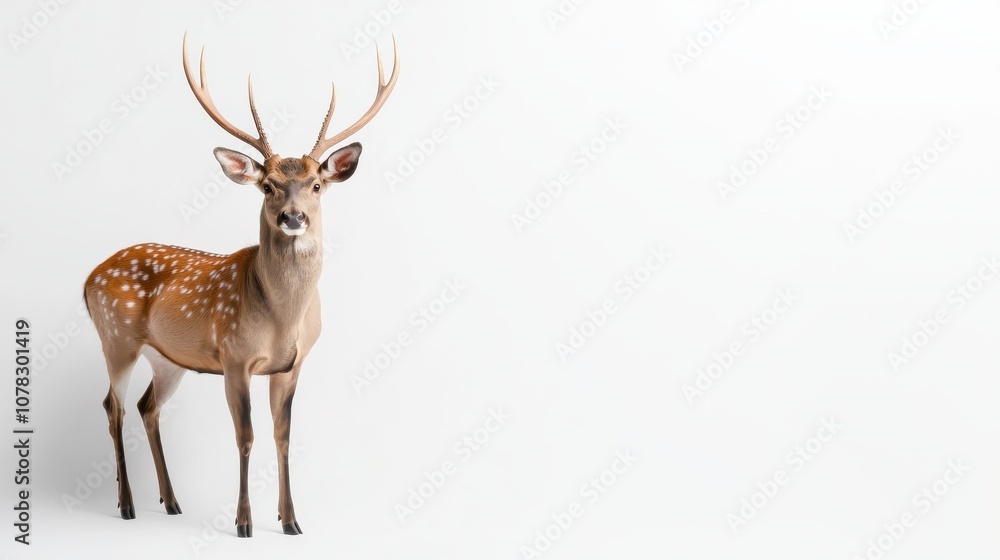 Fototapeta premium Centered stag illustration with expansive antlers, set on a white background, showcasing elegance and strength in a minimal, nature-themed design