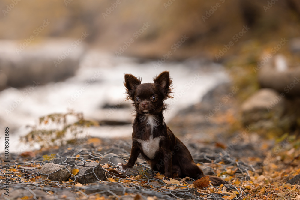 Fototapeta premium Small cute chocolate Chihua-hua dog in an autumn landscape