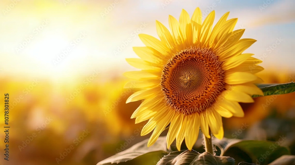 Obraz premium A vibrant sunflower stands tall against a glowing sunset, showcasing its bright yellow petals and rich brown center in a field of blooms.