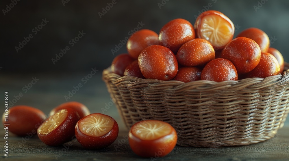 A basket of fresh, sun-ripened jujubes with their smooth A basket of fresh, sun-ripened jujubes with their smooth