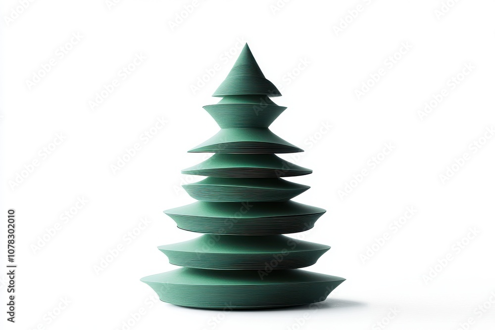 Modern minimalist Christmas tree made of stacked green layers on white background Modern minimalist Christmas tree made of stacked green layers on white background