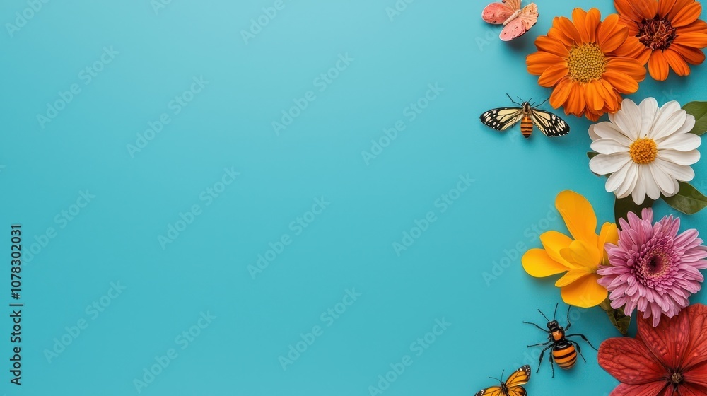 Fototapeta premium Colorful Flowers and Butterflies on Blue Background