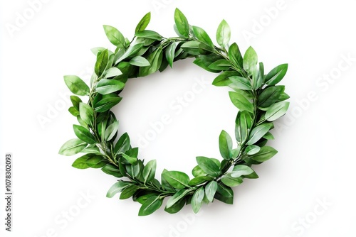 Simple green wreath made of fresh leaves on a white background