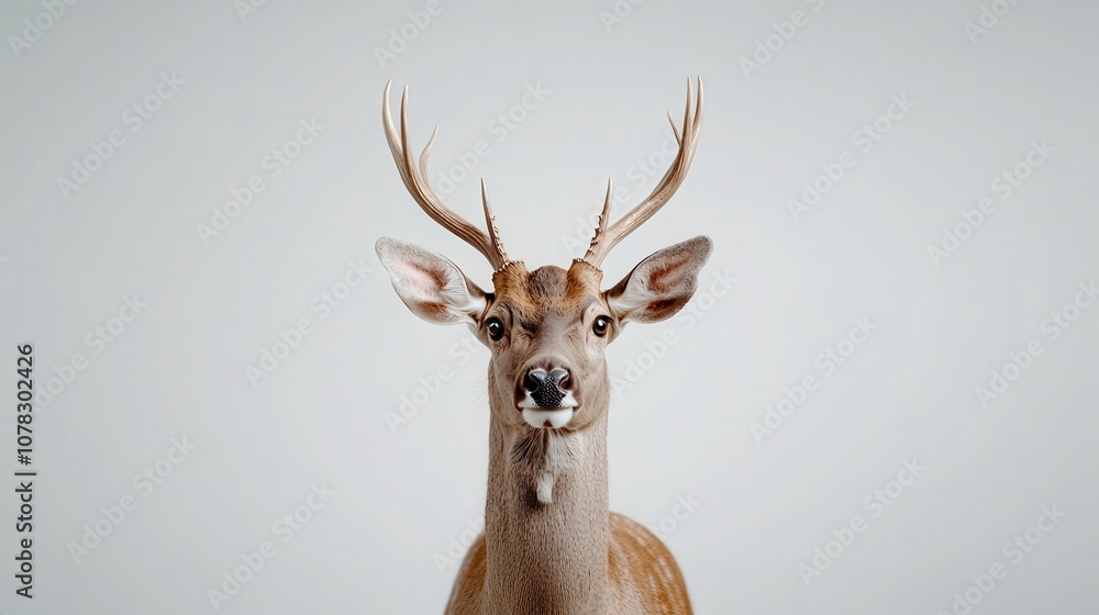 Naklejka premium Illustration of a stag facing forward, with impressive antlers reaching upward, set against a bright white background, perfect for natural elegance