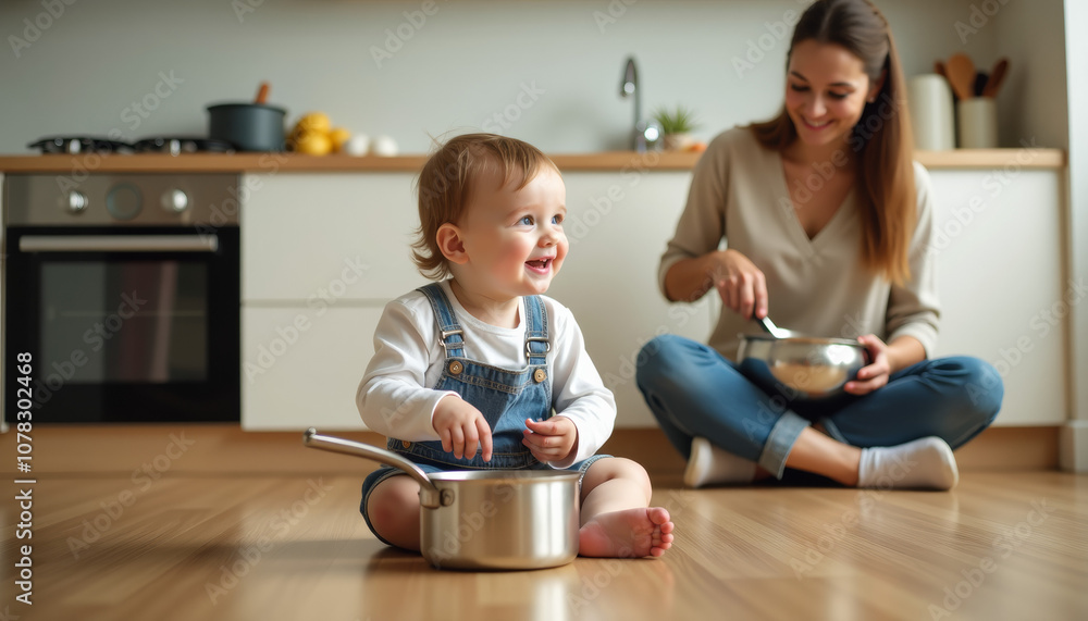 Happy Baby Playing in the Kitchen with Mom Happy Baby Playing in the Kitchen with Mom