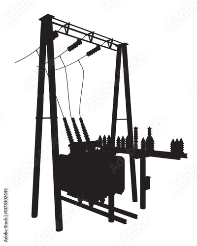 Silhouette Power grid substation - vector illustration. High voltage transmission systems. Electric pole. Power lines. A network of interconnected electrical. City electricity infrastructure Isometric