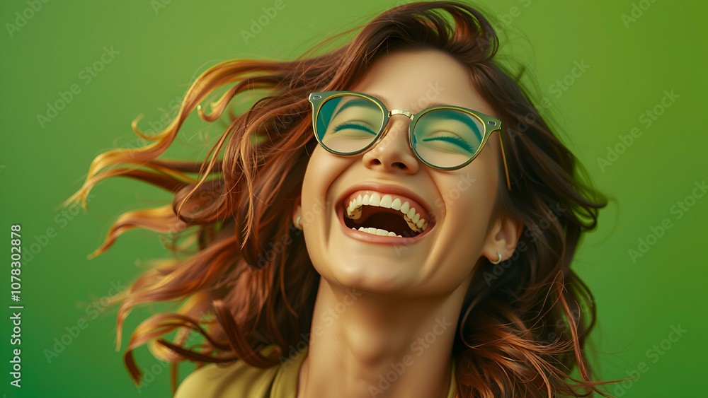 Young woman laughing with glasses on green background Young woman laughing with glasses on green background
