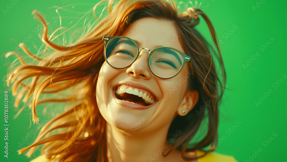 Young woman laughing with glasses on green background Young woman laughing with glasses on green background