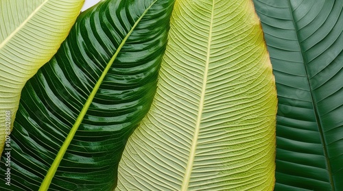 Tropical leaf surface texture with detailed leaf veins, contrasting bright green and dark green color