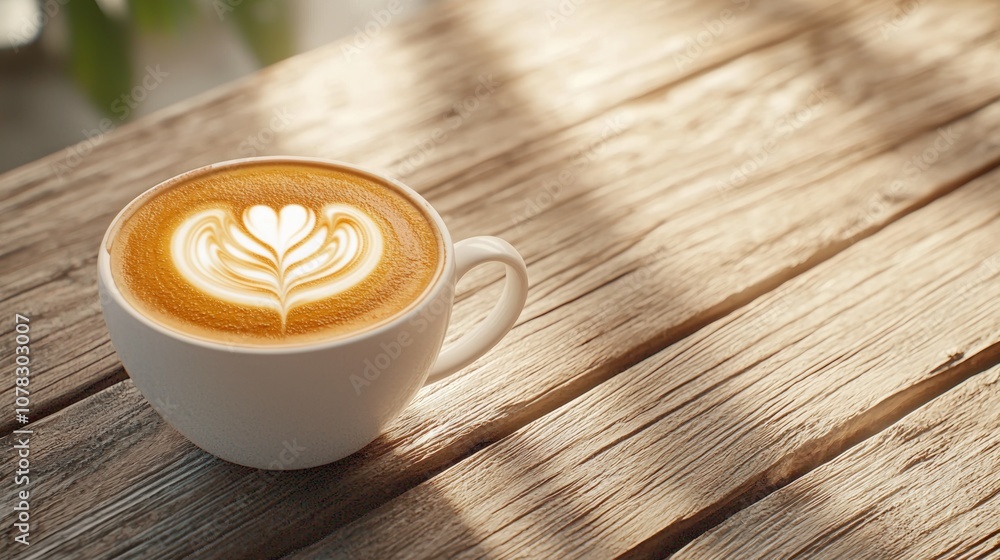 A beautifully crafted latte with a heart design, resting on a wooden table, illuminated by soft, natural light. A beautifully crafted latte with a heart design, resting on a wooden table, illuminated by soft, natural light.