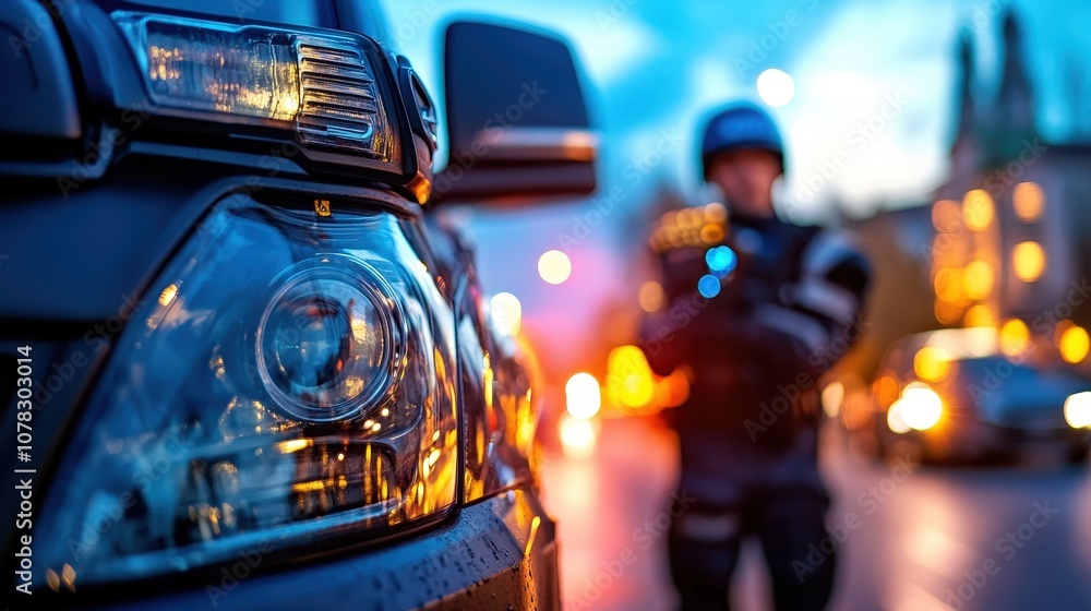 A police officer is standing beside a vehicle as city lights blur in the background, showcasing a vibrant nightlife scene with focus on law enforcement presence. A police officer is standing beside a vehicle as city lights blur in the background, showcasing a vibrant nightlife scene with focus on law enforcement presence.
