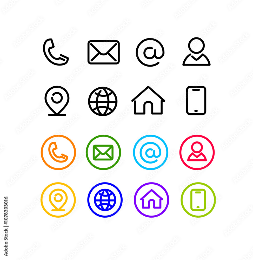Φωτογραφία Different Types Color Contact Information Icons Set for Business Cards Include of Globe and User Info Signs