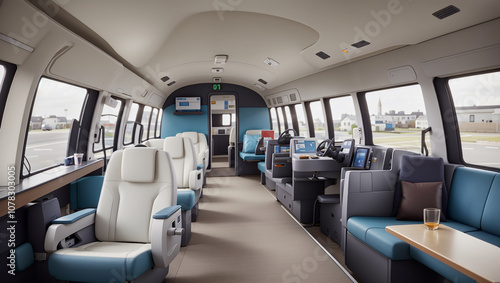 A bus interior with beige and gray seats, windows, and a flat screen.