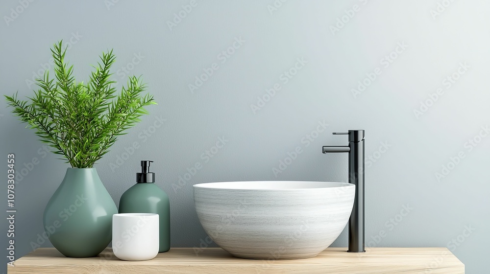 A modern bathroom countertop featuring a plant, elegant soap dispenser, and a stylish bowl sink, all against a minimalist wall. A modern bathroom countertop featuring a plant, elegant soap dispenser, and a stylish bowl sink, all against a minimalist wall.