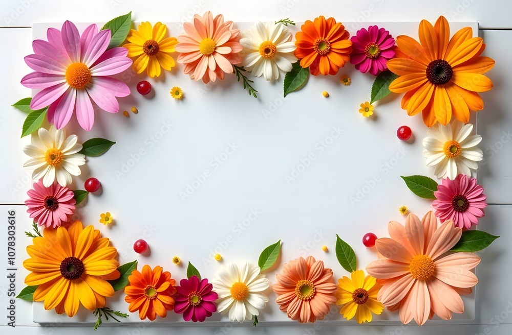 a text frame made of multicolored flowers, sweets, on a white spring background, festive rays a text frame made of multicolored flowers, sweets, on a white spring background, festive rays
