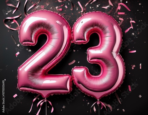 Pink birthday / anniversary balloon, number 23, black background with confetti photo