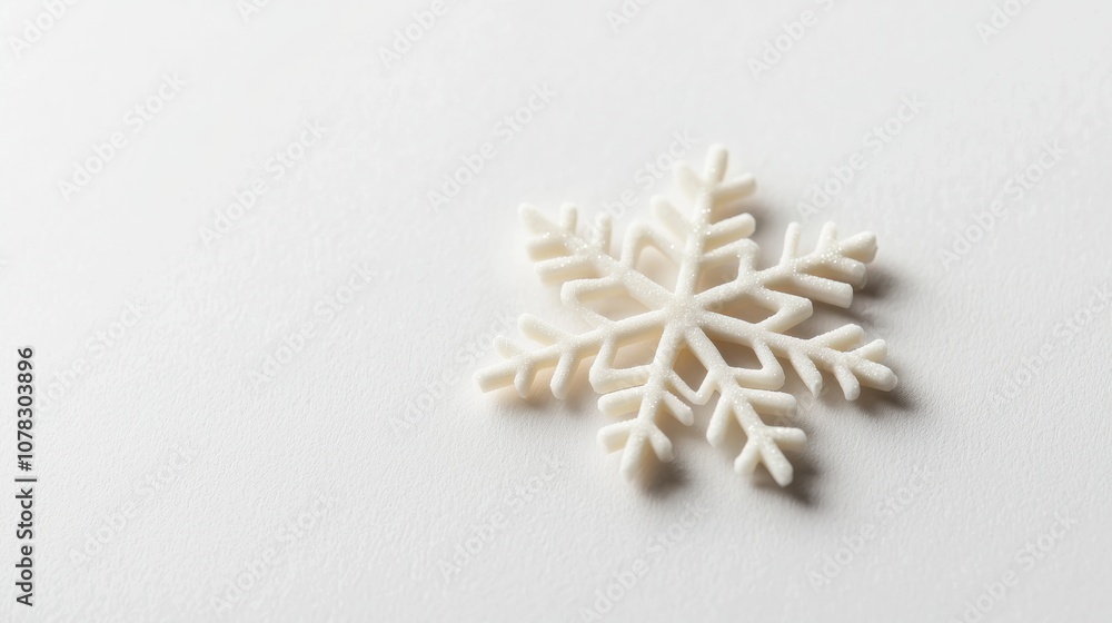 Close-up of a single, intricate snowflake on a pure white background, showcasing delicate patterns and symmetry Close-up of a single, intricate snowflake on a pure white background, showcasing delicate patterns and symmetry