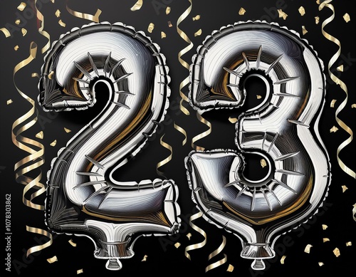 Silver birthday / anniversary balloon, number 23, black background with confetti photo