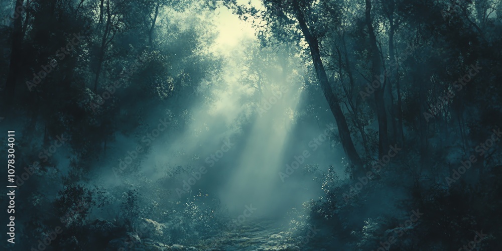 Sunlight beams through a foggy forest path. Sunlight beams through a foggy forest path.