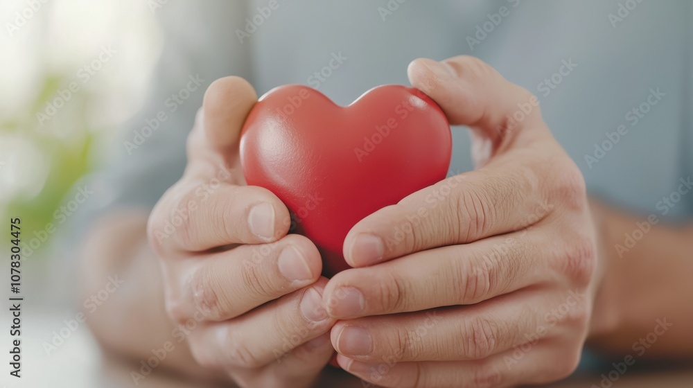 A person holds a red heart symbol, conveying love and care, against a softly blurred background filled with green nature. A person holds a red heart symbol, conveying love and care, against a softly blurred background filled with green nature.
