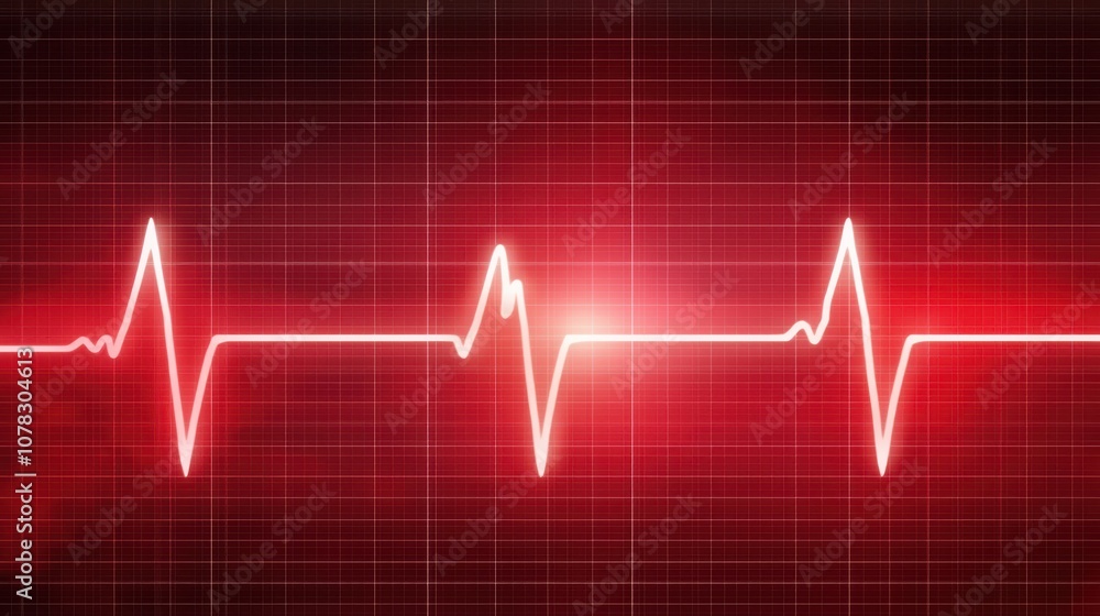 Naklejka premium A vibrant red electrocardiogram (ECG) line displaying heart rate fluctuations against a grid background.