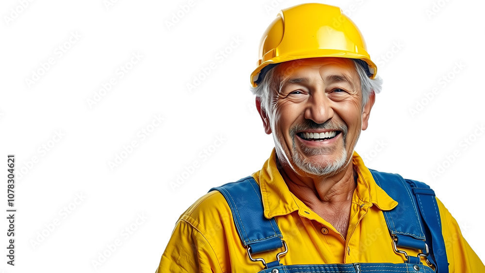 Smiling Senior Construction Worker in Hard Hat and Overalls on White Background Smiling Senior Construction Worker in Hard Hat and Overalls on White Background