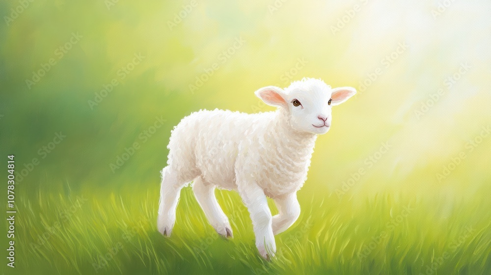 Obraz premium A cute, fluffy lamb frolicking in a vibrant green field, set against a soft, dreamy background that evokes a serene, pastoral atmosphere.