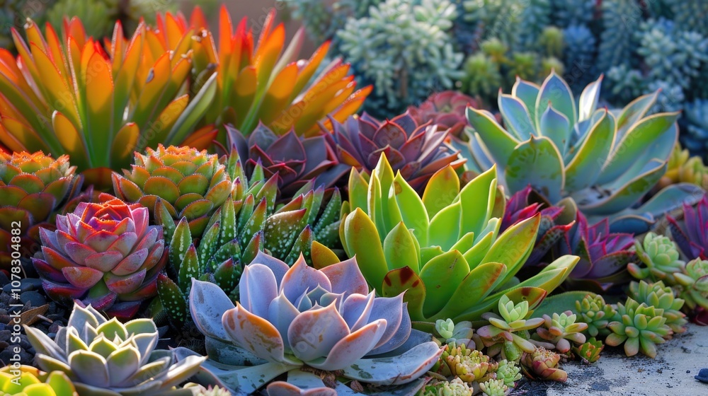Desert Succulent Landscaping in California. Beautiful Agave and Cactus in Colourful Botany Design Desert Succulent Landscaping in California. Beautiful Agave and Cactus in Colourful Botany Design