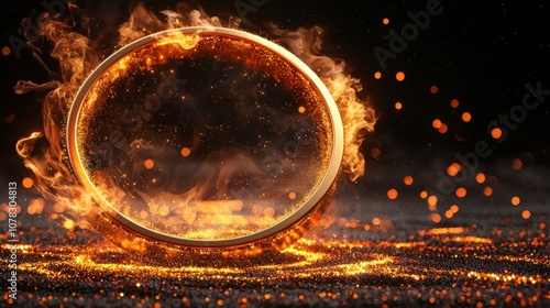 A fiery circular portal surrounded by glowing embers, creating a mystical and vibrant atmosphere.