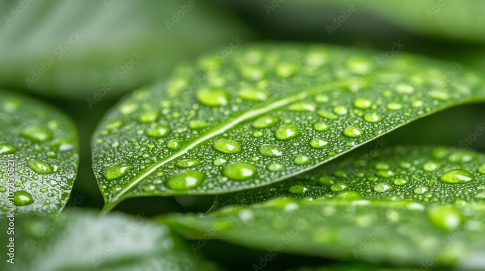 Lush green leaves adorned with sparkling droplets, showcasing nature's beauty and freshness in a close-up view. Lush green leaves adorned with sparkling droplets, showcasing nature's beauty and freshness in a close-up view.