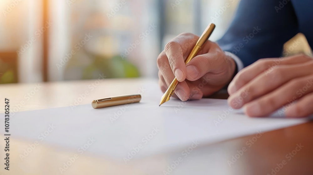 A person writing on a piece of paper with a gold pen, capturing a professional and focused moment at a workspace. A person writing on a piece of paper with a gold pen, capturing a professional and focused moment at a workspace.