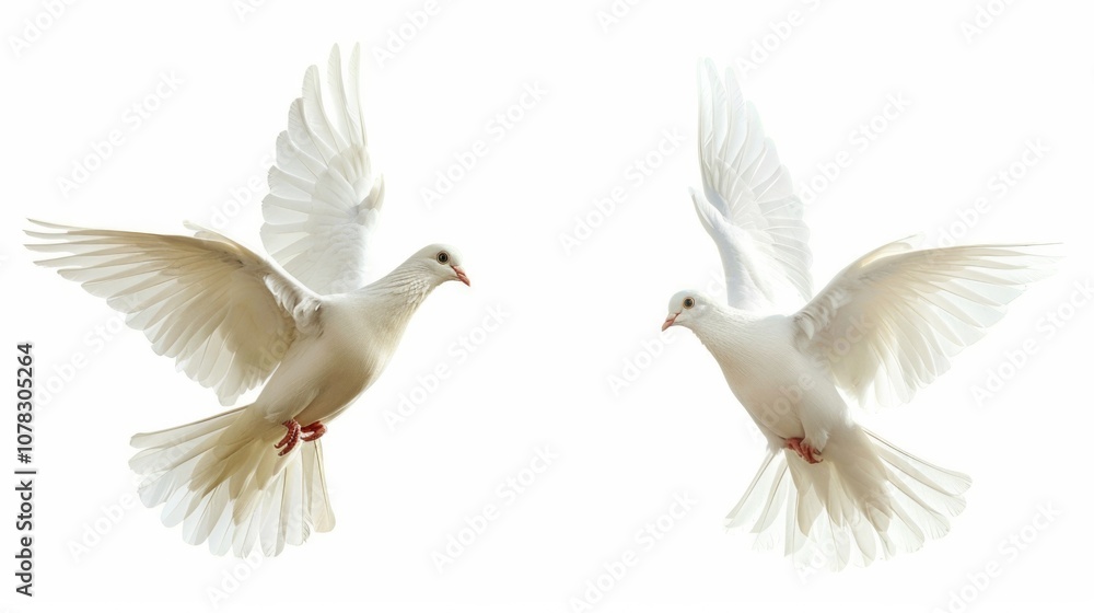 Fototapeta premium Dove White Background. Collage of Two Free Flying White Doves with Open Wings