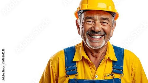 Smiling Senior Construction Worker in Hard Hat and Overalls on White Background